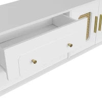 Mobiletto Porta TV in Stile Retro con Maniglie Dorate, Porte in Rattan e Gambe in Metallo, Ampio Spazio di Stoccaggio, 175x38x55,5 cm, Bianco