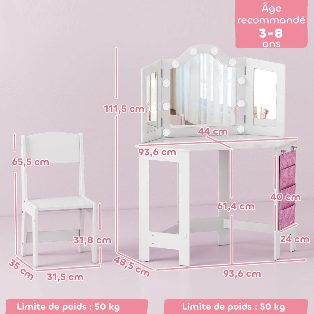 Tavolo trucco bambini con specchio e luci LED ¨C zephmum ¨C bianco 93.6x48.5x111.5 cm