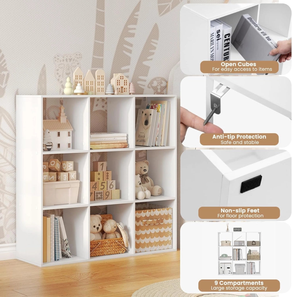 Libreria a 9 Cubi, Scaffale di Stoccaggio a 9 Cubi, Divisorio per Libreria, Mobile di Stoccaggio per Soggiorno e Ufficio, Bianco, 94x29,5x93 cm, SK047ws