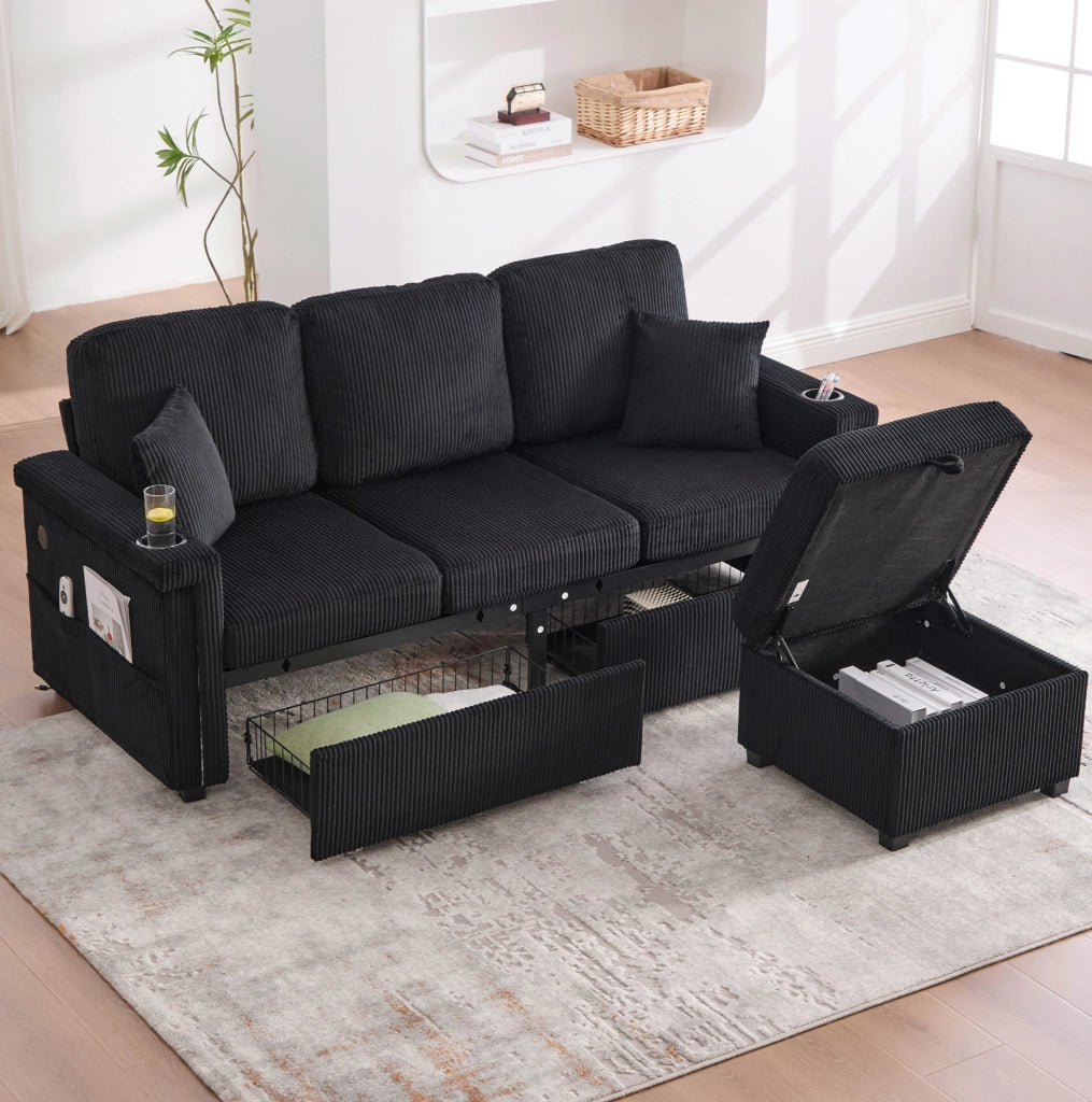 Divano 194x73x81 cm con LED; USB/TYPEC; tasche e cassetti; in velluto a coste nero