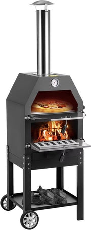 Fornello a legna - Esterno - Cucina all'aperto - Fornello a legna - Riscaldato a legna - Con ruote - Nero - 140x40x35