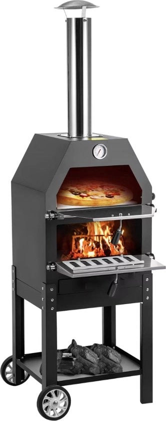 Fornello a legna - Esterno - Cucina all'aperto - Fornello a legna - Riscaldato a legna - Con ruote - Nero - 140x40x35