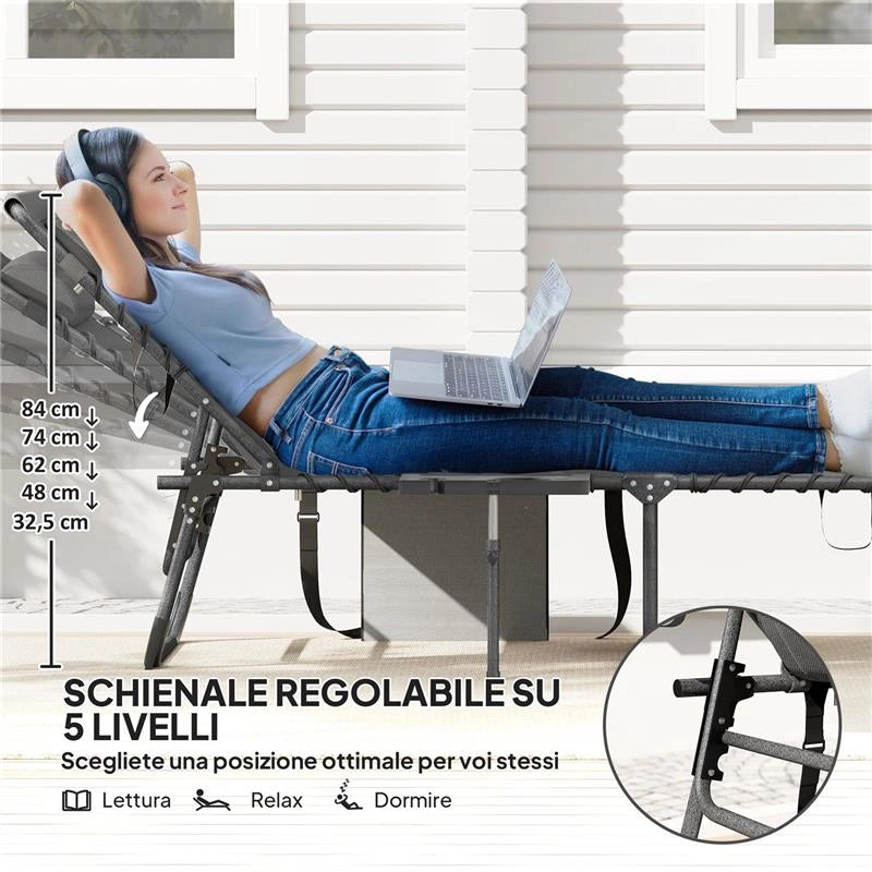SDRAIO DA GIARDINO PIEGHEVOLE E RECLINABILE A 5 LIVELLI CON TAVOLINO LATERALE E TASCA 60X190X31 CM GRIGIO E NERO