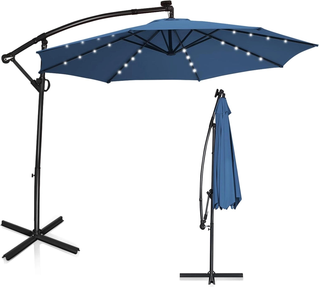 Ombrellone LED da giardino con manovella, ombrellone da terrazza con supporto, rotazione a 360°, pieghevole, inclinabile, ombrellone da 300 cm x 230 cm, per giardino, terrazza, piscina