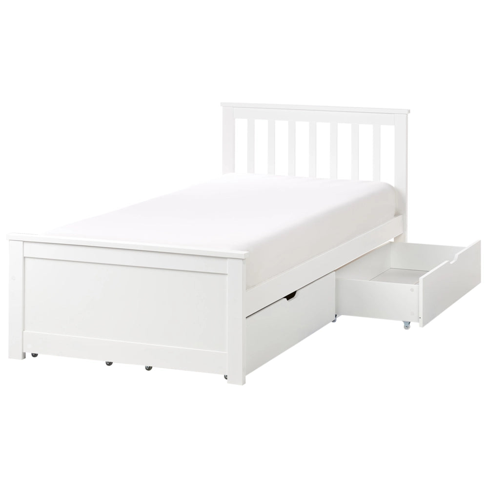 Letto singolo Legno di Pino Bianco con Rete a Doghe Minimalista 90 x 200 cm Testiera a doghe minimalista con 4 cassetti