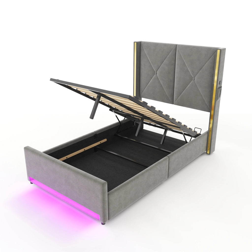 Letto contenitore 90x200 cm in velluto grigio scuro con USB, Type-C, LED, tasche laterali e testiera alta