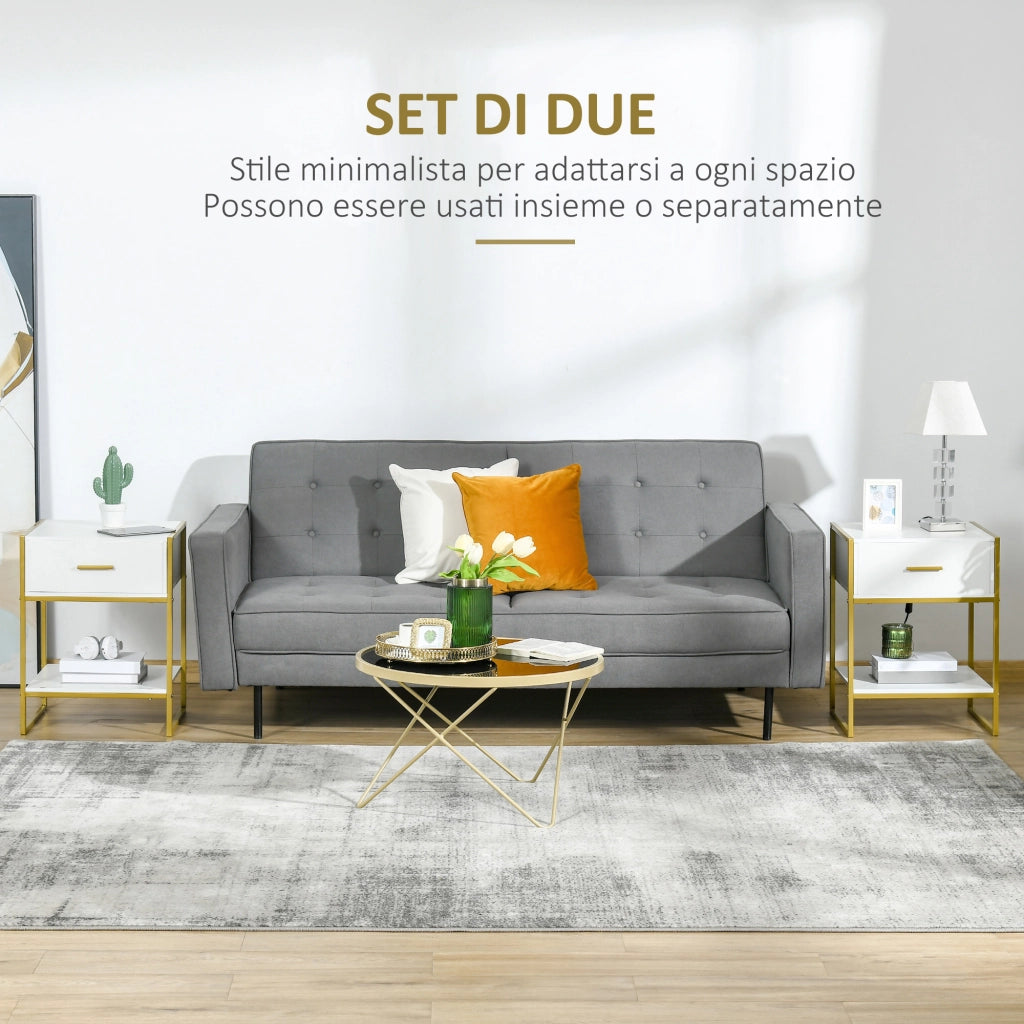 Set 2 Comodini Moderni con Cassetto e Ripiano Aperto in MDF e Acciaio, 45x40x60cm, Bianco e Oro