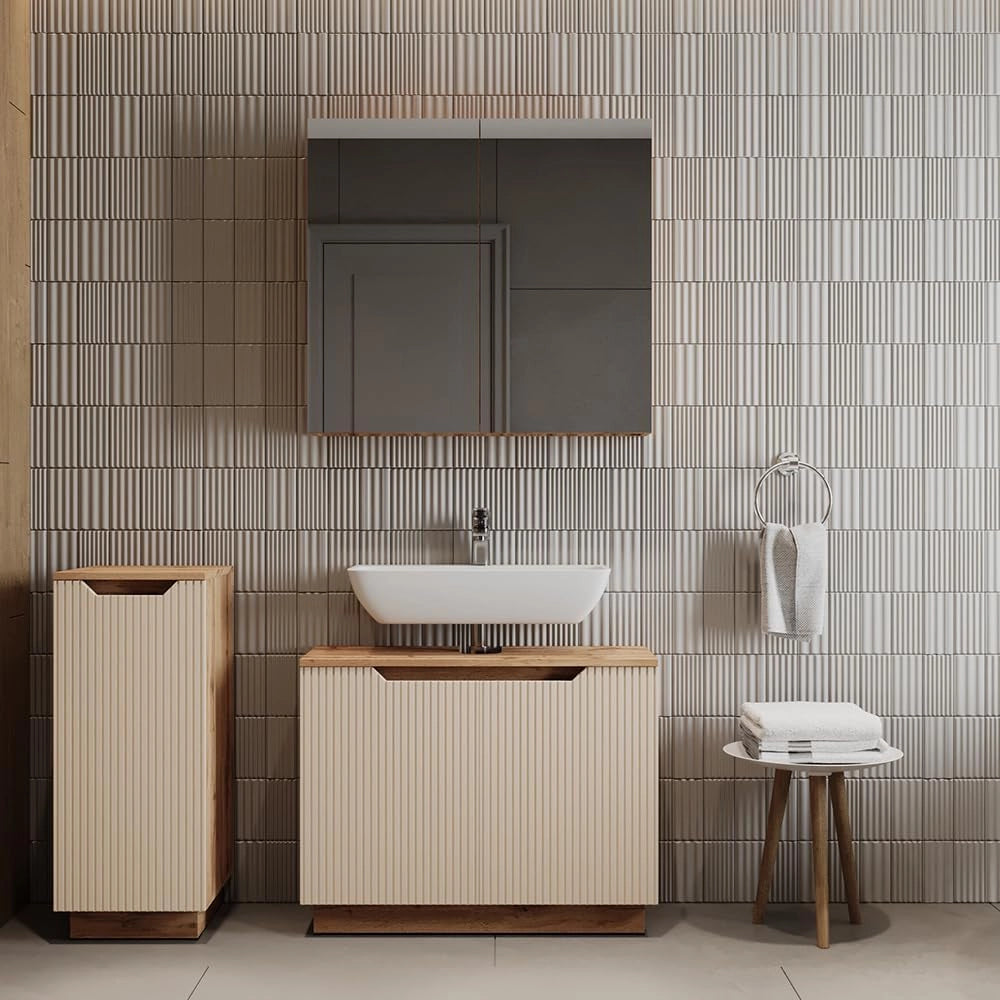 Vicco Set di mobili da bagno Lotta, Rovere/cashmere a righe, 3 parti