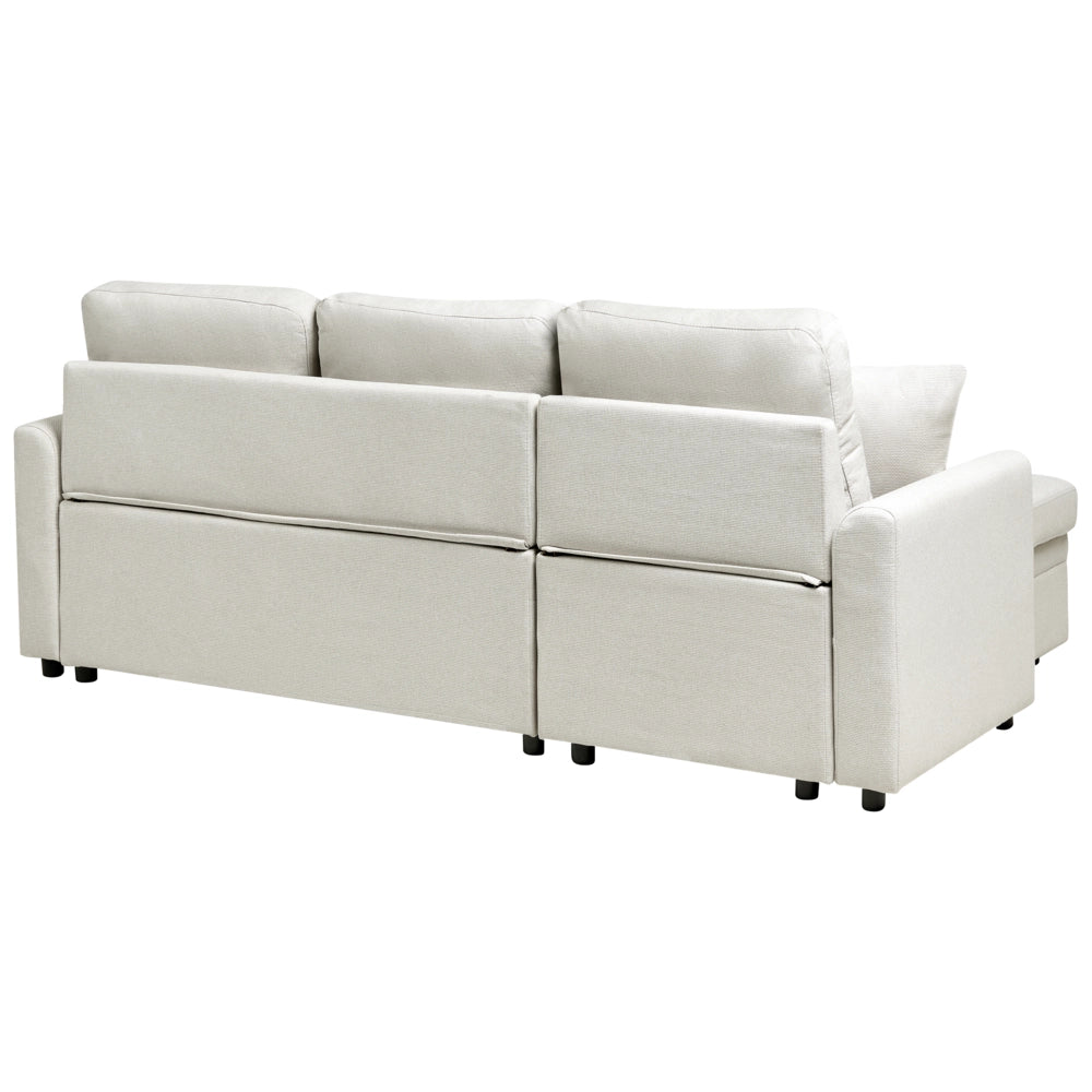 Divano letto angolare con contenitore lato destro beige chiaro rivestimento in poliestere effetto lino contenitore cuscini design moderno