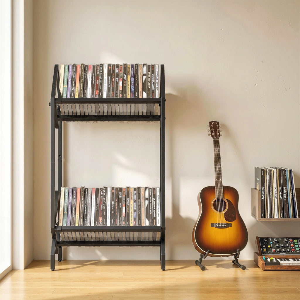 Libreria Porta CD 45,2x25,4x80 cm Porta Vinili 2 Livelli per DVD Libri Album in Metallo Nero