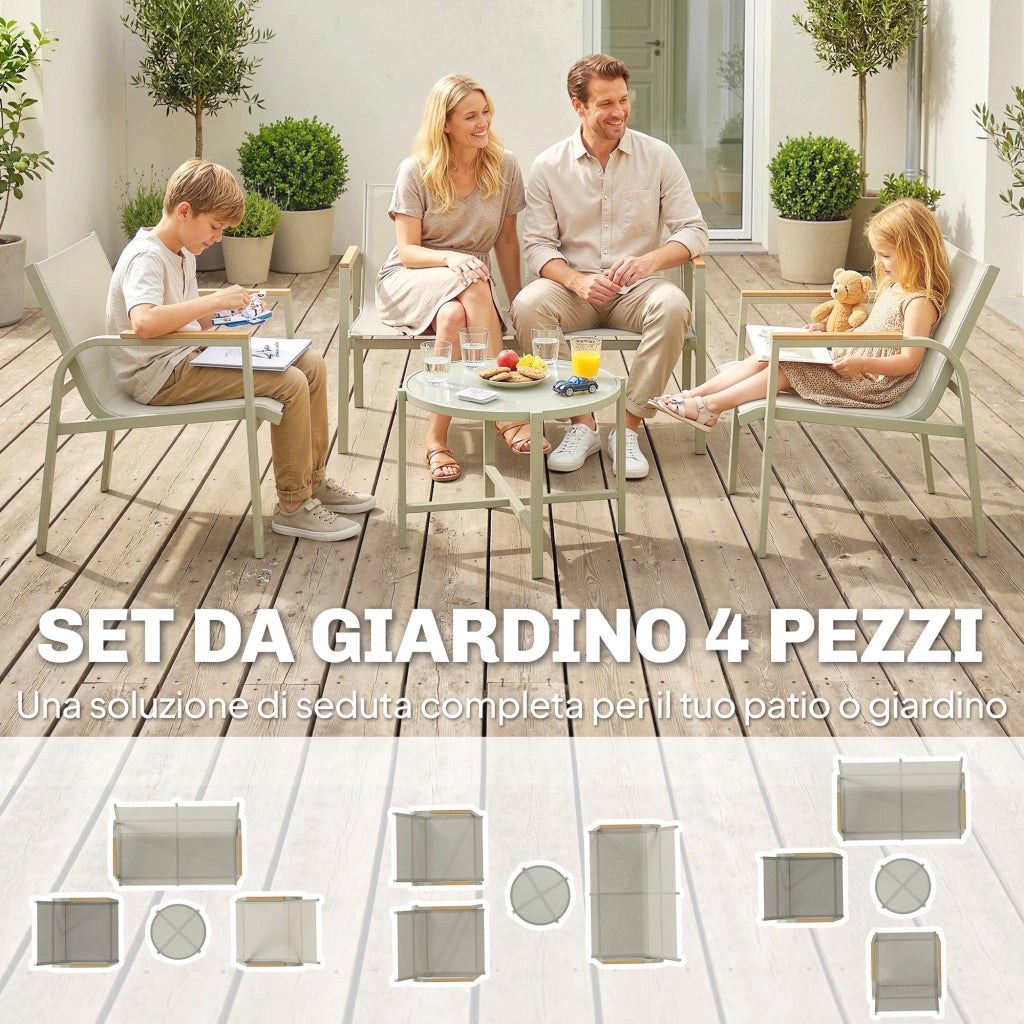 Set 4 Pezzi Salotto da Giardino Divano 2 Poltrone e Tavolino in Textilene Verde