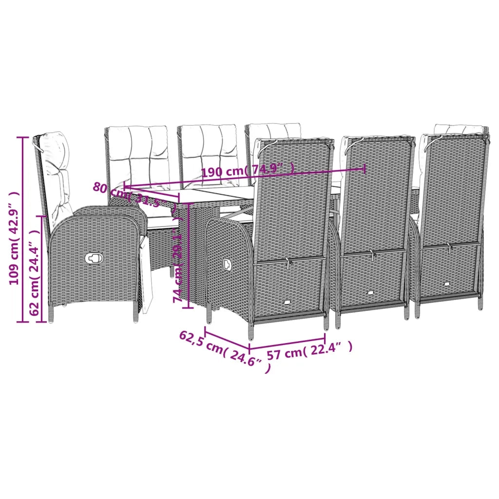 Set da Pranzo da Giardino 9 pz con Cuscini in Polyrattan Grigio 3213529