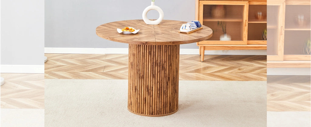 TAVOLO ROTONDO 100 cm in MDF colore legno con gambe cilindriche in metallo
