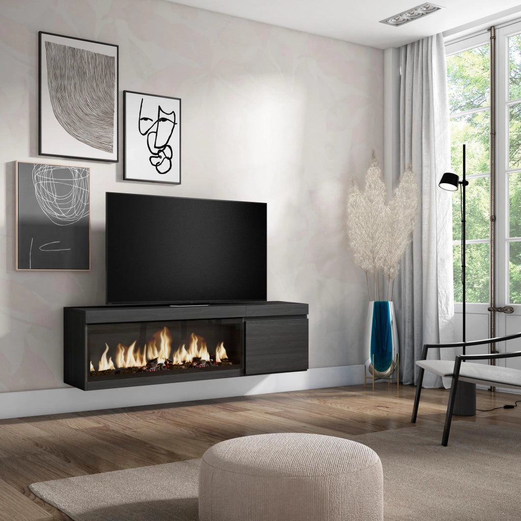 Mobile TV Soggiorno, 158x35x45cm, Per TV fino a 65", Camino elettrico XXL, da appendere, Nero RF3247