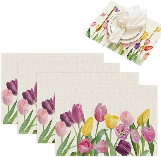 Tavoliere da tavola, 4 pezzi, tulipani rosa, lavabili, decorazione da tavola fiorita 45 x 30 cm, finitura lino, tavoliere da tavola per tavola da pranzo, festa, matrimonio (tulp-B)