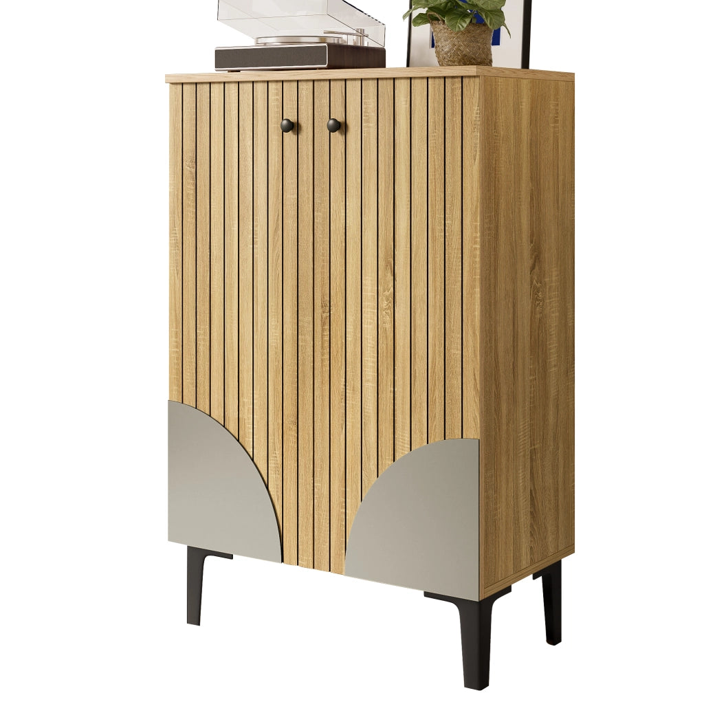 Mobile Scarpiera con 2 Ante e Ripiani; Gambe in Metallo Nero; Stile Moderno; Ingresso; in MDF; Naturale; 60×32×94 cm