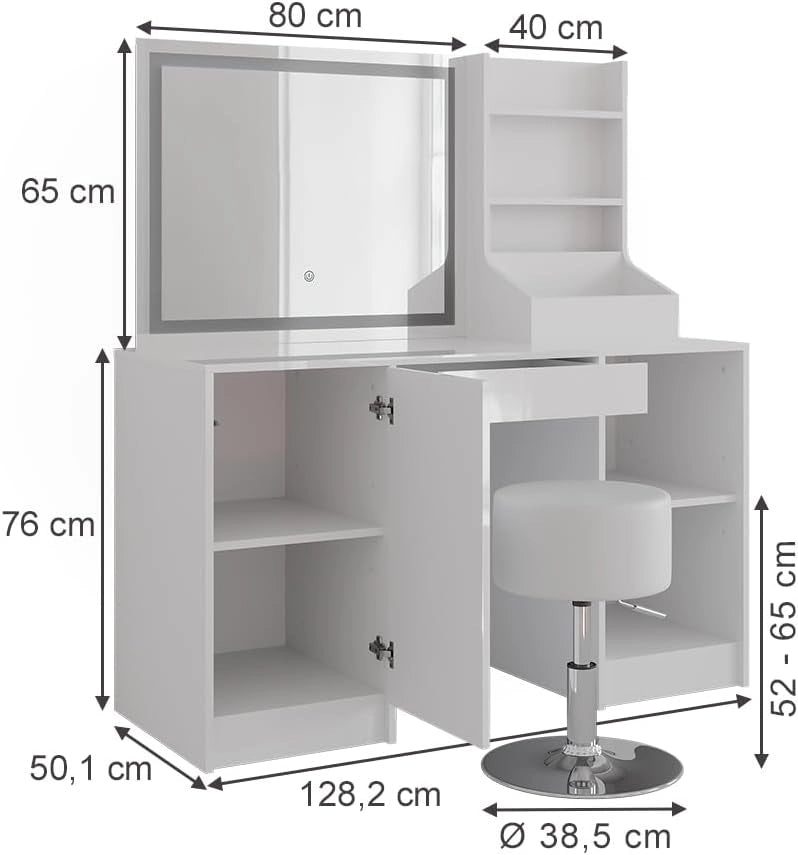 Tavolo da toeletta Sherry, Bianco/bianco lucido, 128.2 cm con specchio LED e sgabello