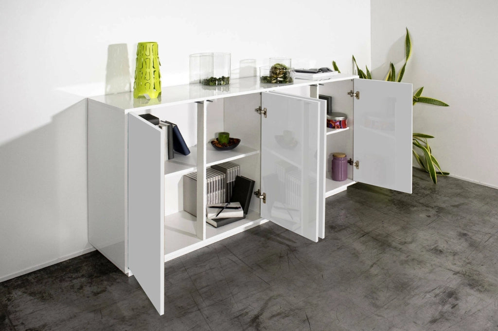 Credenza Aulina, Madia da cucina a 4 ante, Buffet da soggiorno, 100% Made in Italy, cm 180x41h86, Bianco lucido