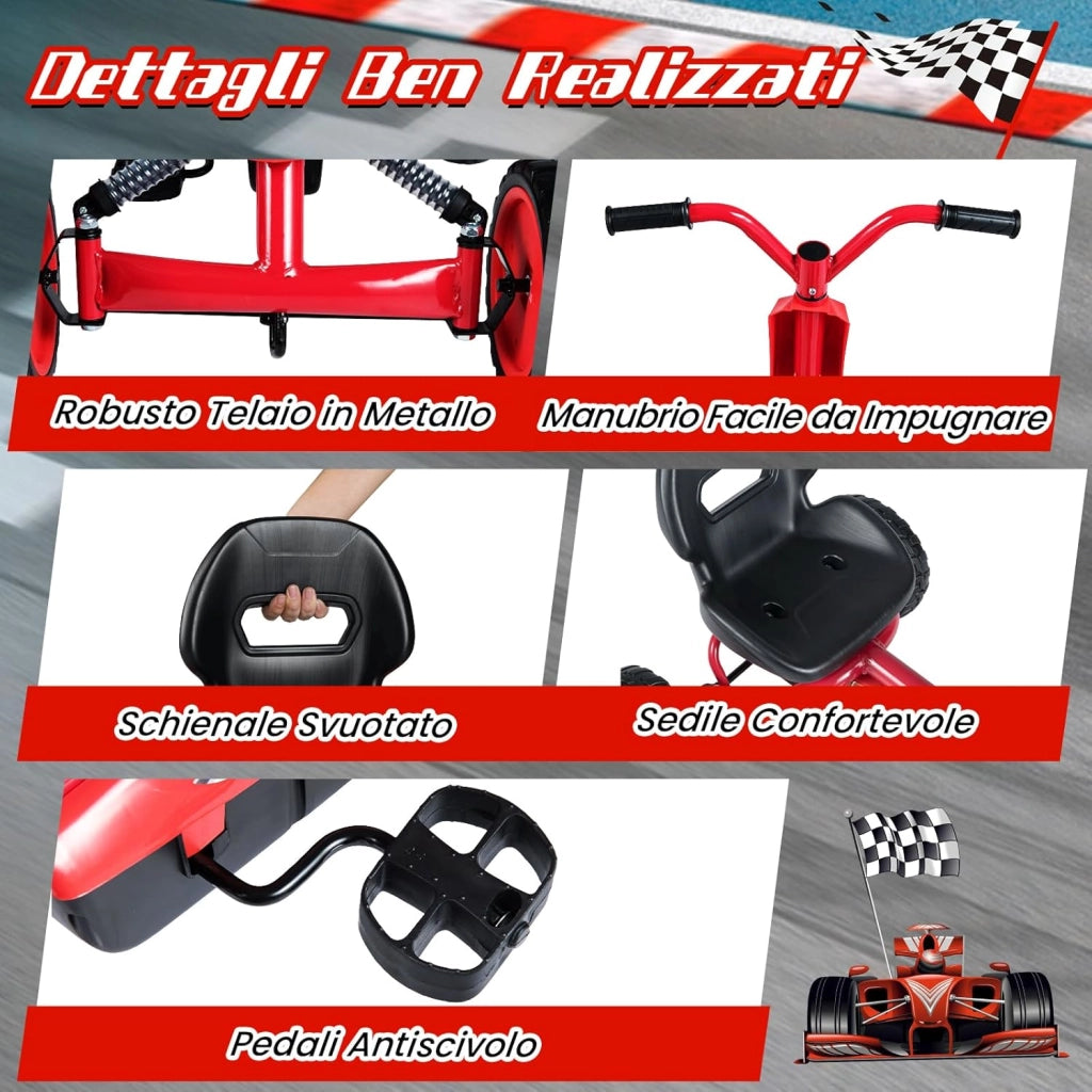 Go Kart a Pedali per Bambini, Veicolo a Pedali con Sedile Regolabile, 4 Ruote Resistenti, Macchina Elettrica per Bambini 3-8 Anni, Portata 30 kg (Rosso)