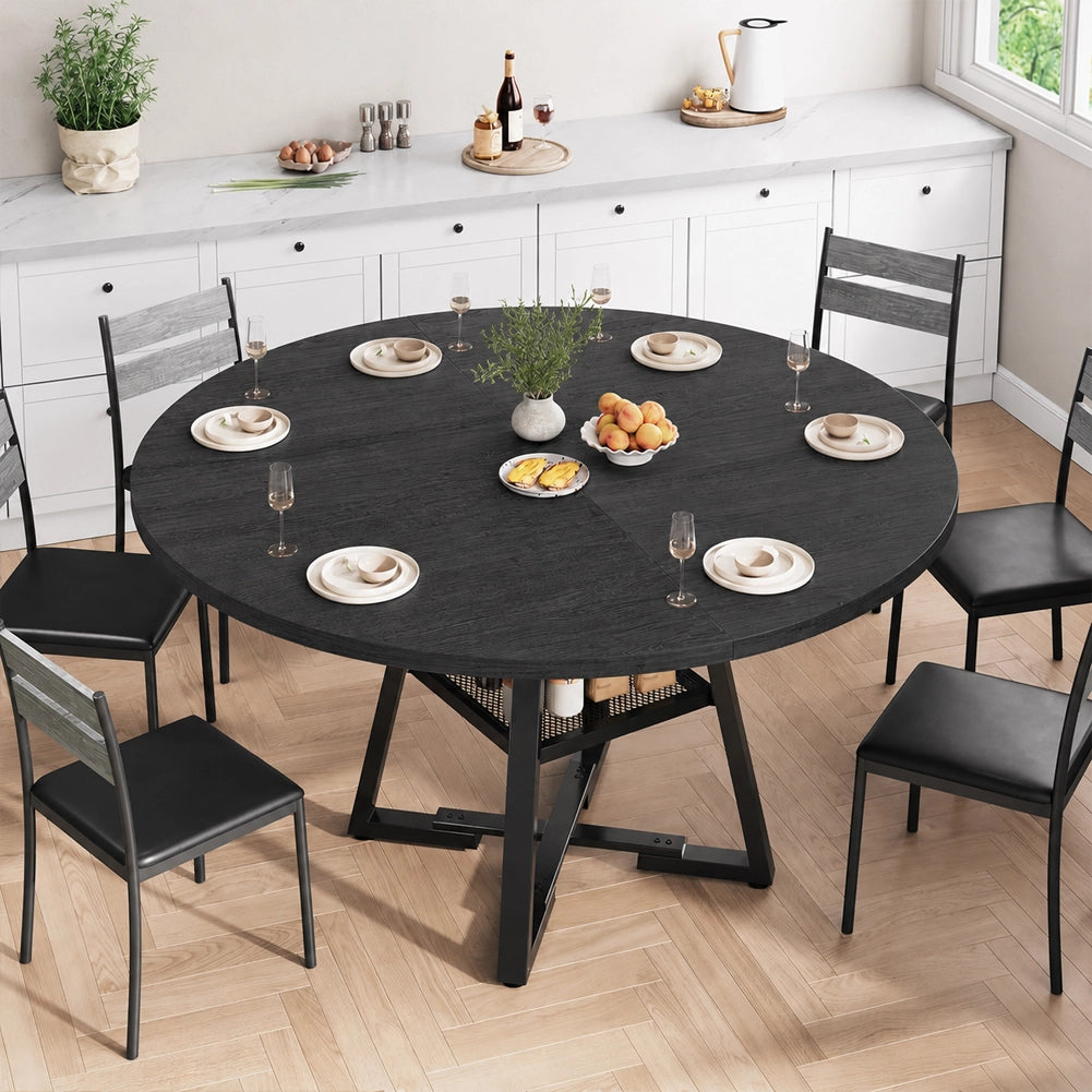 Tavolo per Sala da Pranzo Tondo Nero con Ripiano Portaoggetti 120x120x76cm