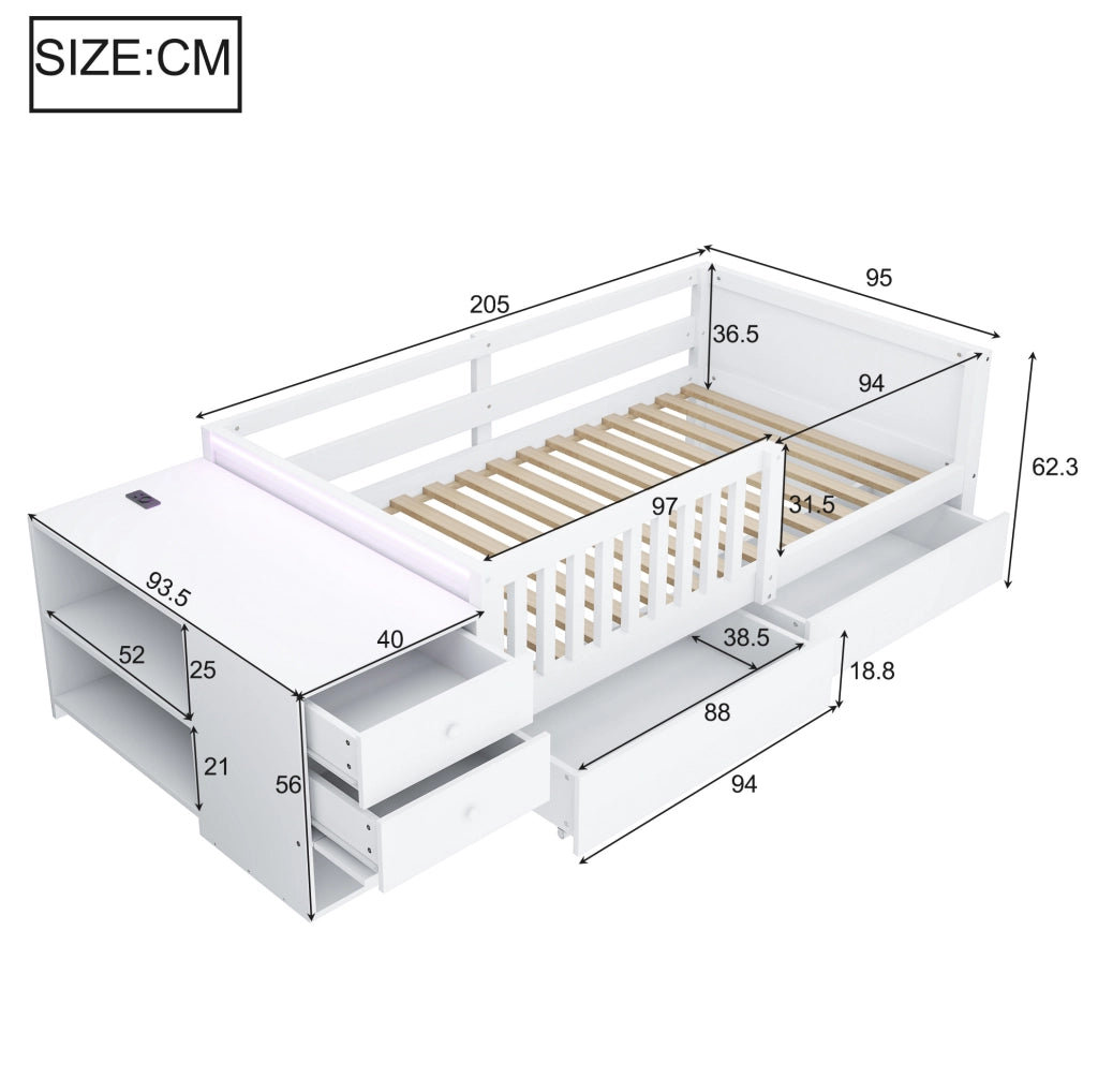 Letto per bambini 90x200 cm con contenitore separato; LED e presa; legno bianco