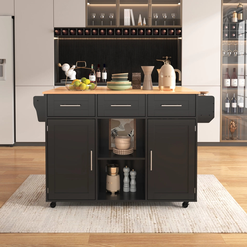 Carrello da cucina multifunzionale con piano ribaltabile 139x46(71)x91;5 cm; nero e naturale