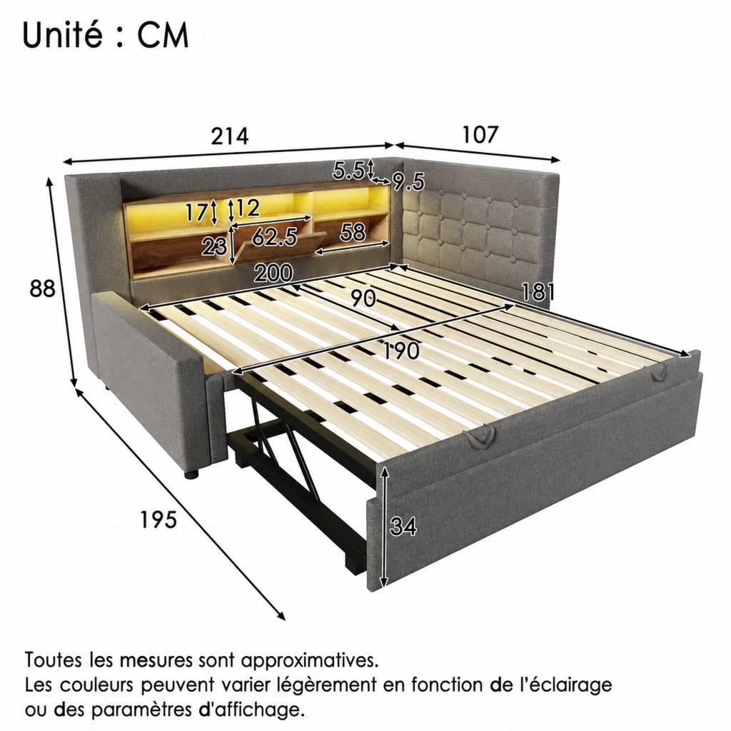 Letto imbottito con letto estraibile 90x200 cm, LED, porte USB, testiera L e vano contenitore, grigio