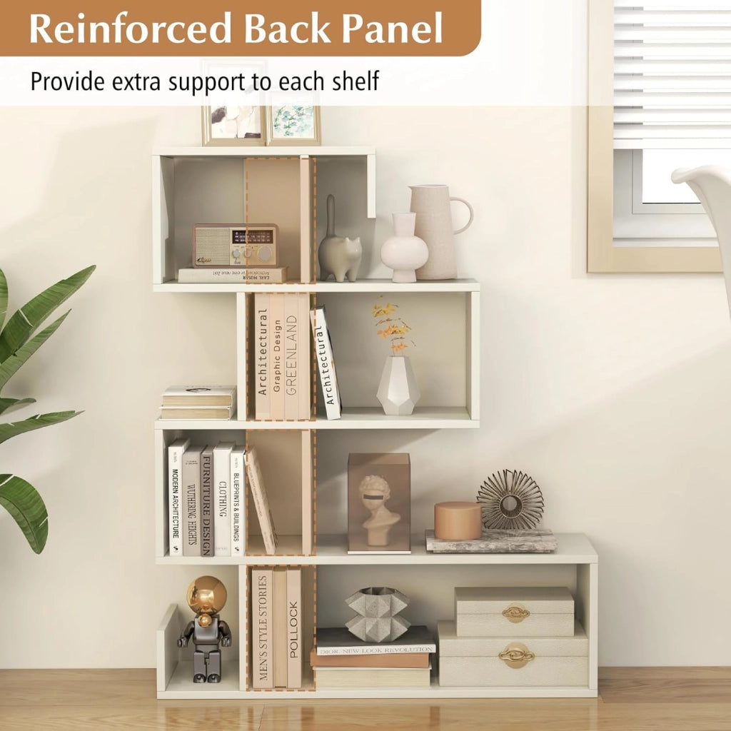 Libreria a forma di S con 5 ripiani, divisorio per soggiorno e ufficio, libreria in legno, 80 x 22 x 100 cm (bianco)