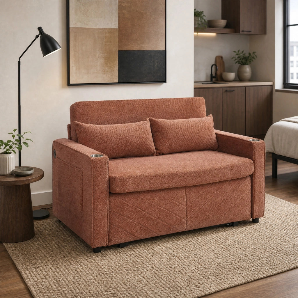 Divano letto trasformabile a scorrimento con USB; 195x134x73 cm; legno e tessuto arancione