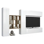 Parete attrezzata Agira, Set salotto porta TV a 4 ante, Mobile soggiorno multiuso, 100% Made in Italy, cm 350x30h180, Bianco lucido