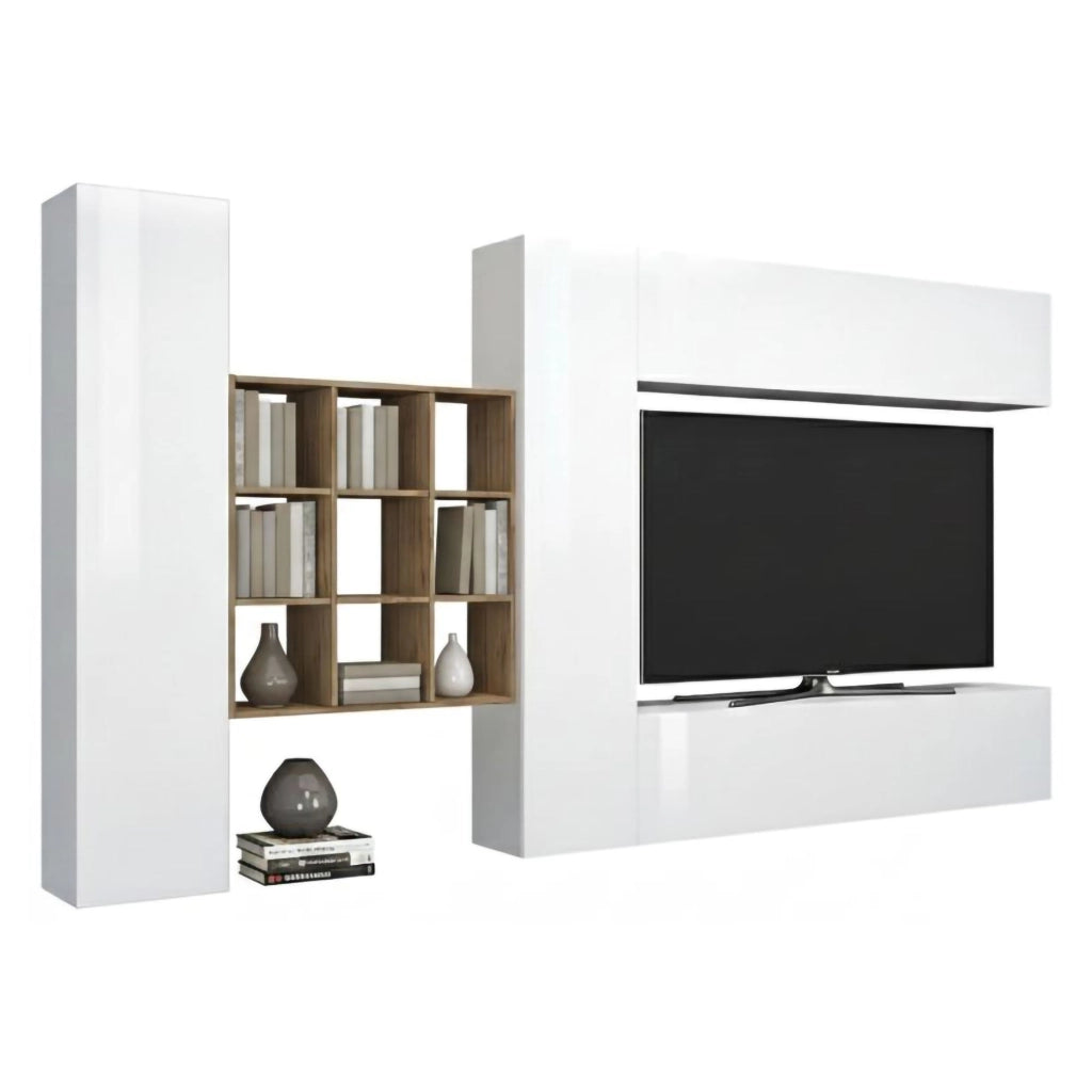 Parete attrezzata Agira, Set salotto porta TV a 4 ante, Mobile soggiorno multiuso, 100% Made in Italy, cm 350x30h180, Bianco lucido