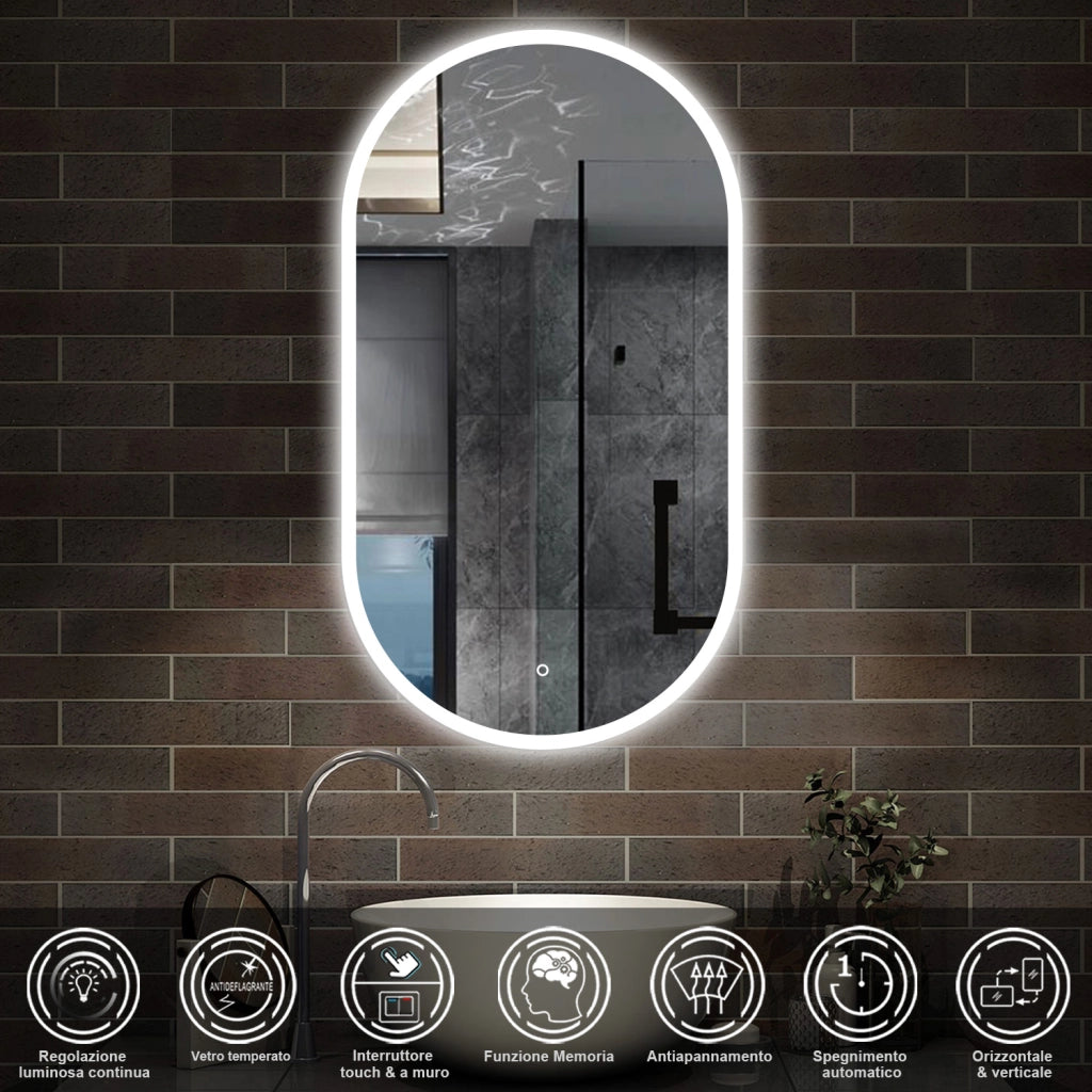 specchio rettangolare 60x80 cm con luce led antiappannamento e touch