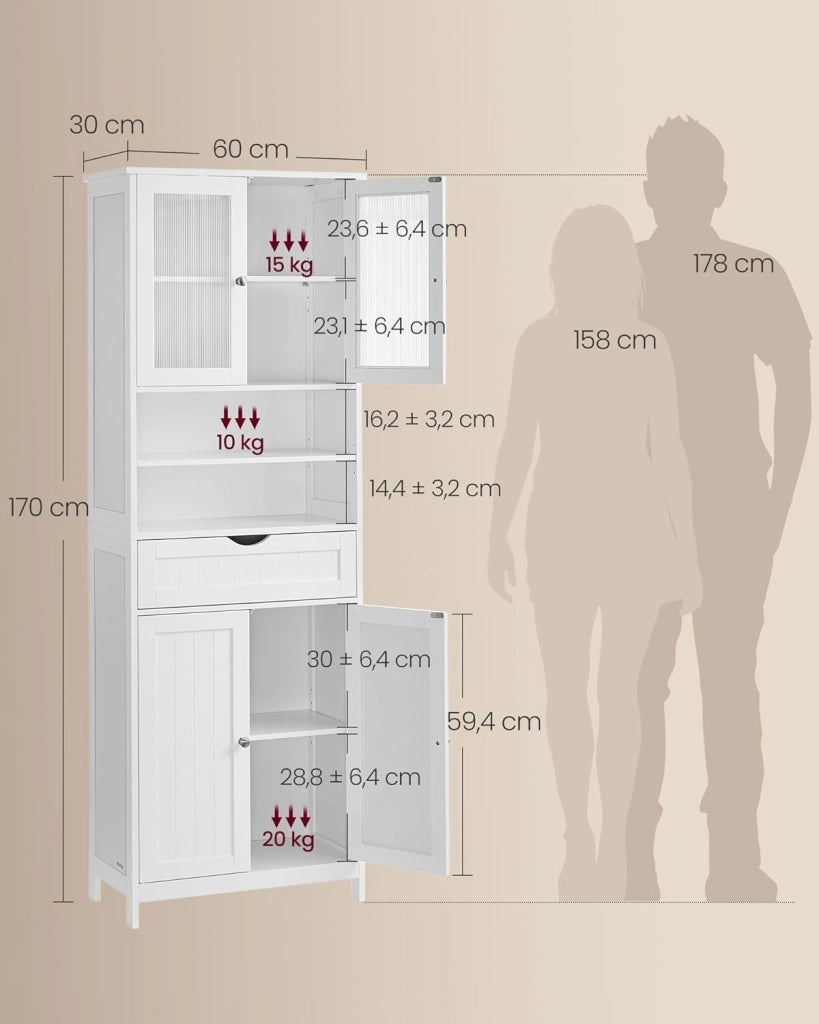 VASAGLE Mobiletto Contenitore, Armadietto da Bagno, con Ripiani Regolabili, Cassetto, Scomparti Aperti, per Bagno, Soggiorno, Sala da Pranzo, Bianco Nuvola BBC768W01
