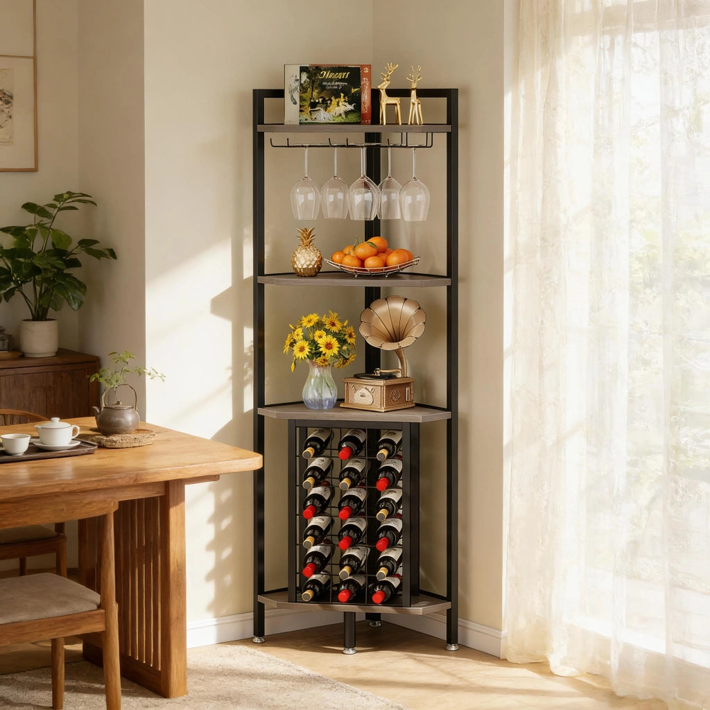 Scaffale angolare portabottiglie freestanding a 4 livelli con portabicchieri, MDF e metallo grigio