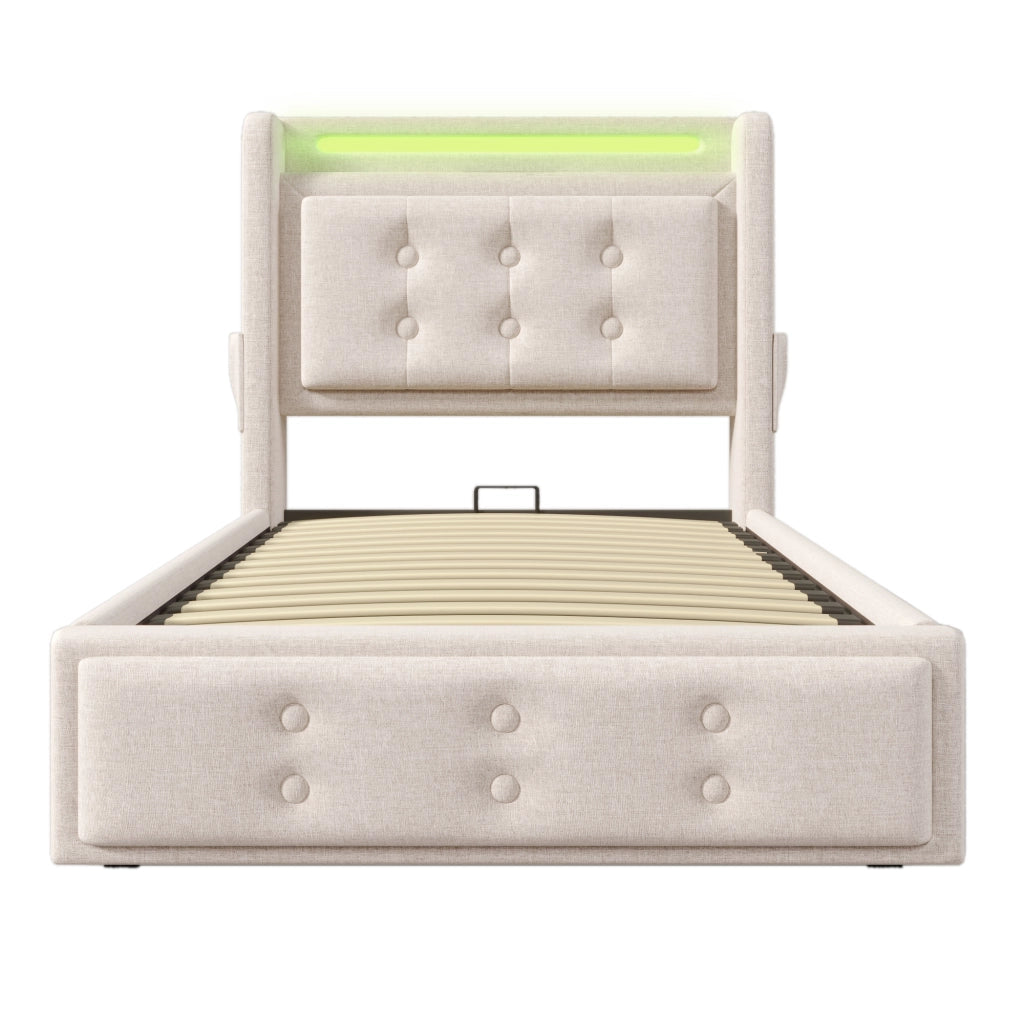 Letto imbottito 90x200 cm con materasso, testiera LED, prese USB e contenitore salvaspazio, Beige
