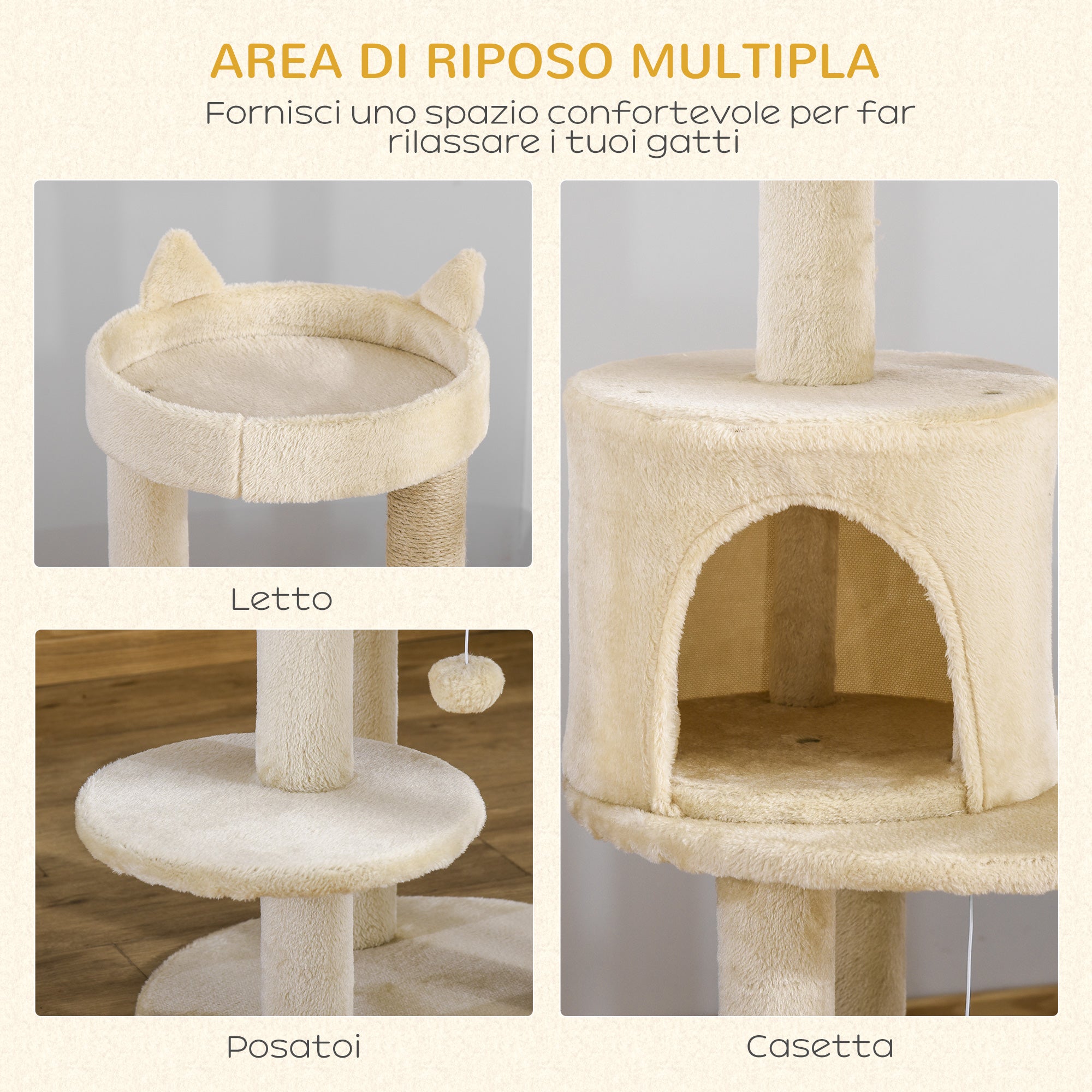 Albero Tiragraffi per Gatti con Cuccia e Piattaforma 104H cm Rivestimento in Sisal e Peluche Bianco Crema