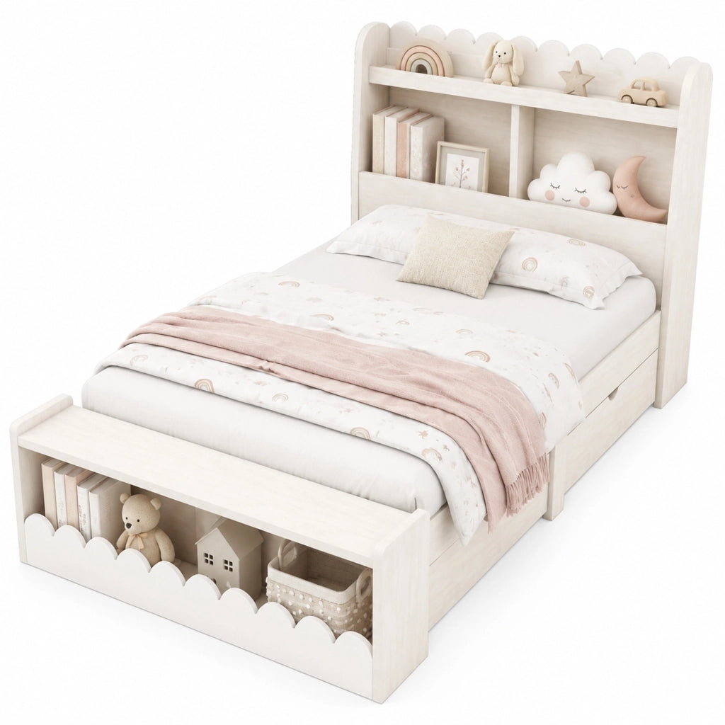 Letto singolo con 2 cassetti e ripiani; 90x190 cm; legno massello e MDF; bianco e rovere chiaro