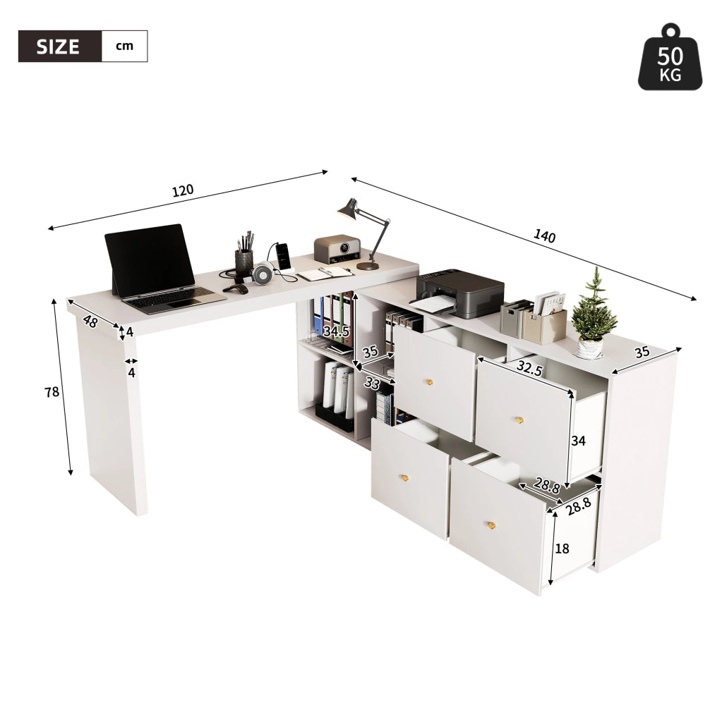 Scrivania girevole in MDF bianco con 8 vani