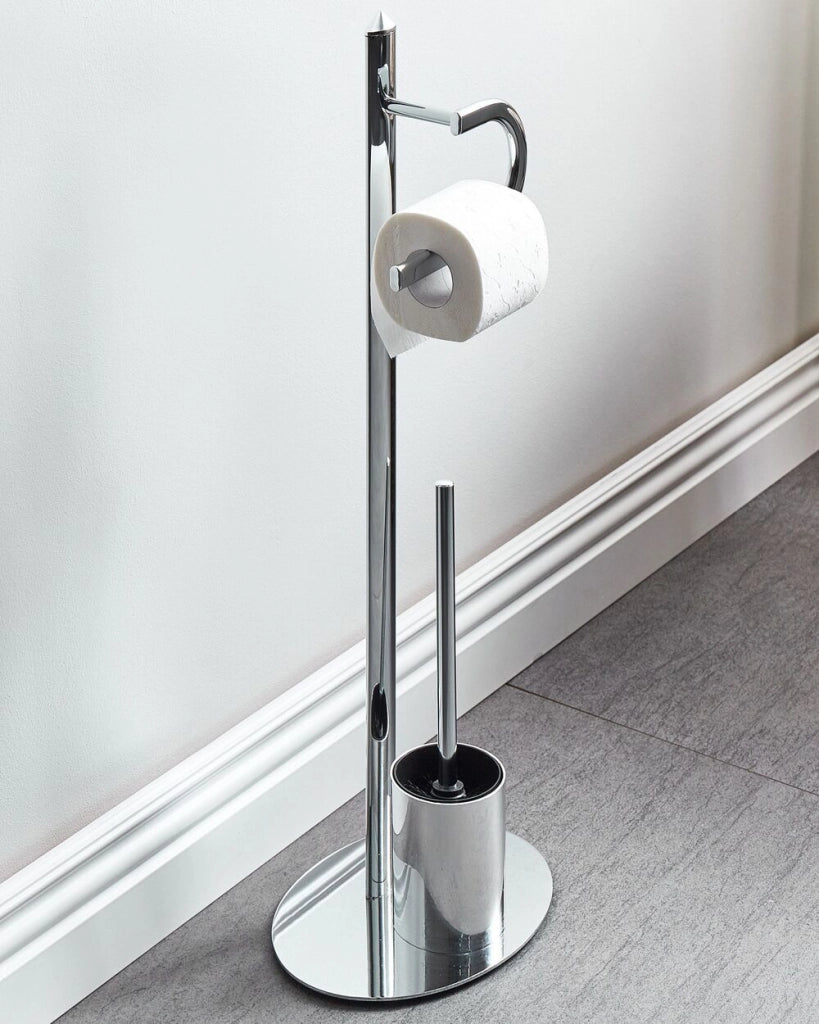 Porta Carta Igienica e Porta Scopino Acciaio argento Cromato Lucido Freestanding Accessori Bagno Moderni