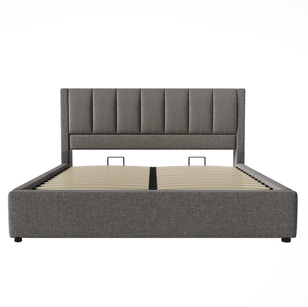 Letto matrimoniale imbottito 140x190 cm in lino grigio con porta bicchieri e ricarica USB