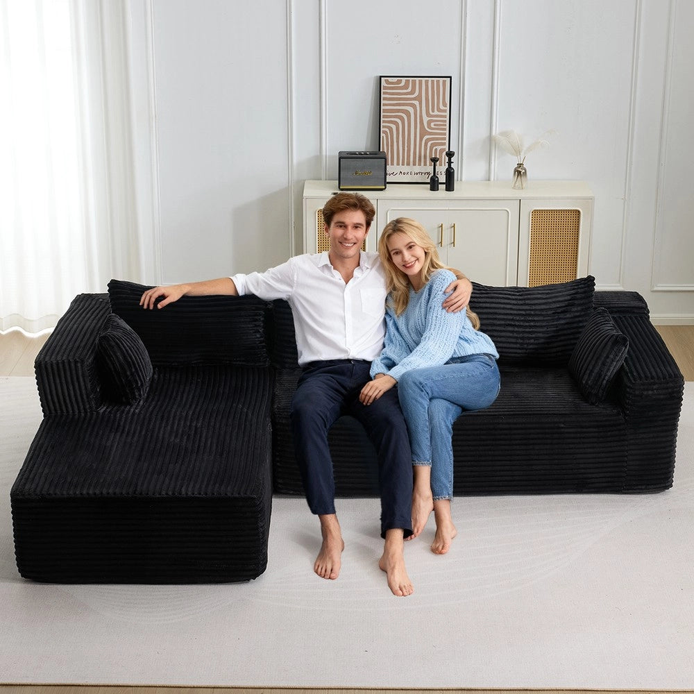 Divano Angolare con Chaise Longue ¨C MINIMAL ¨C Velluto a Coste, Nero, Modulare