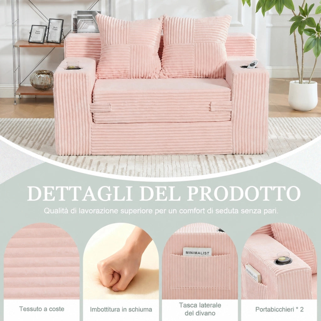 Divano due posti rosa 151 x 133 x 64 cm con cuscini e portabicchieri; velluto a coste