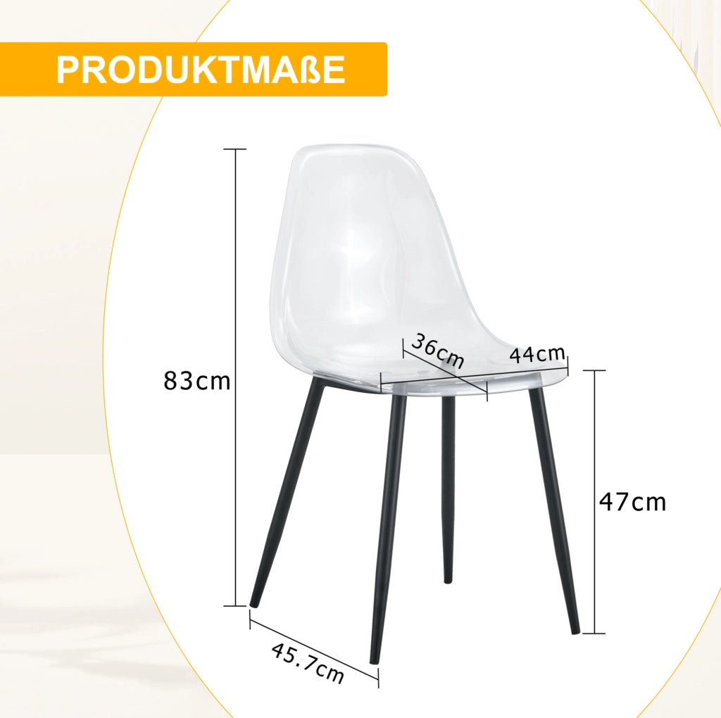 Set di 4 sedie da pranzo in plastica trasparente con gambe in metallo nero; 83 cm