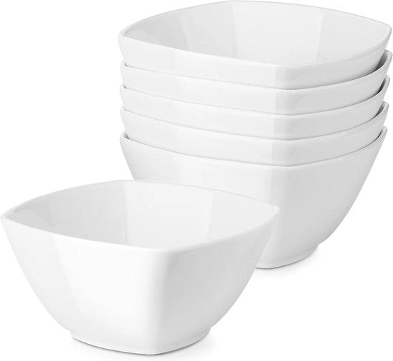 Set di sei ciotole per colazione quadrata - Ø 15 cm - altezza 5 cm - set di ciotole per zuppe - piatti di servizio in ceramica bianchi per snack, insalata, pasta, dessert e marmellata - ciotole grandi resistenti ai graffi - bianche
