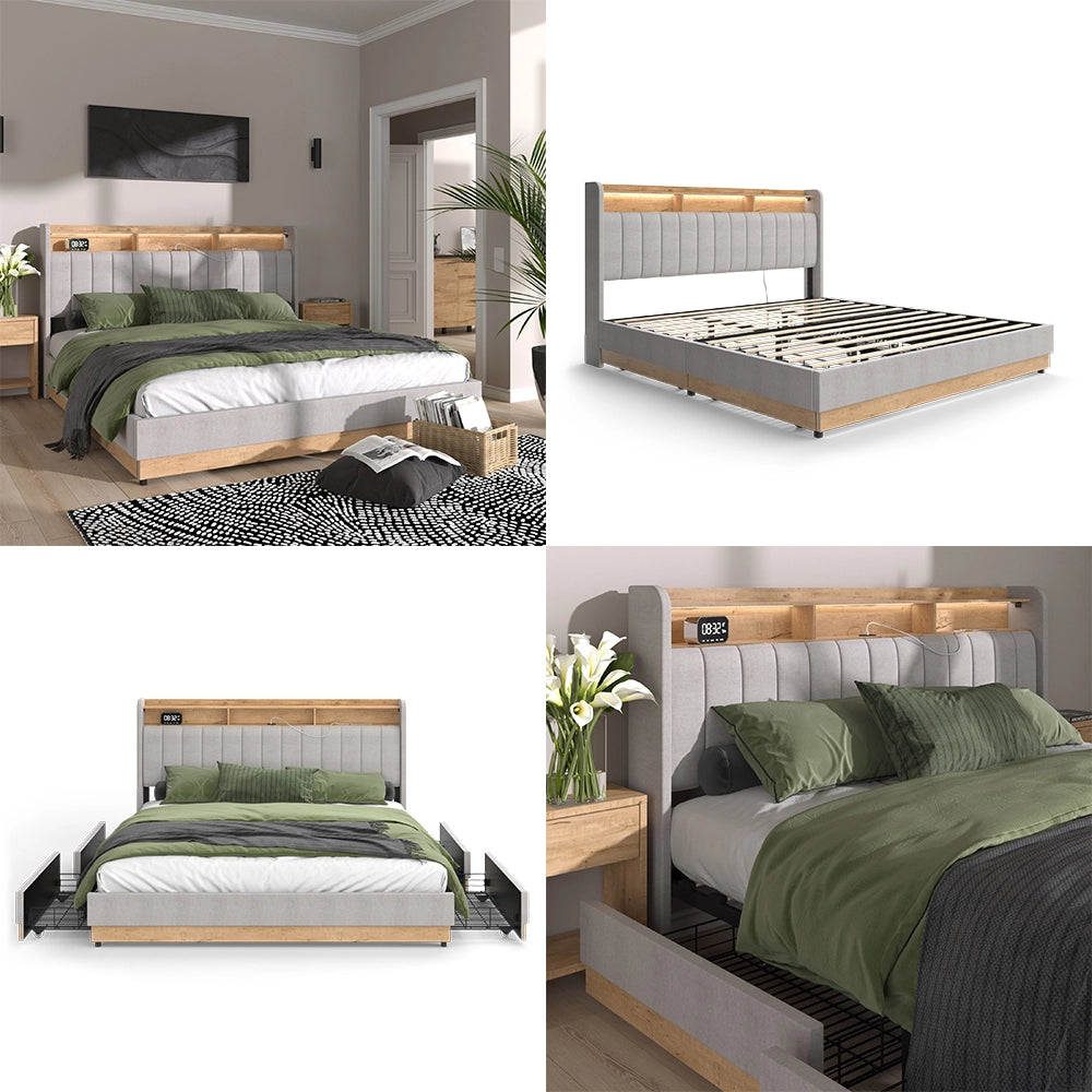 Vitalispa Letto imbottito Grigio 180x200 cm con 4 cassetti