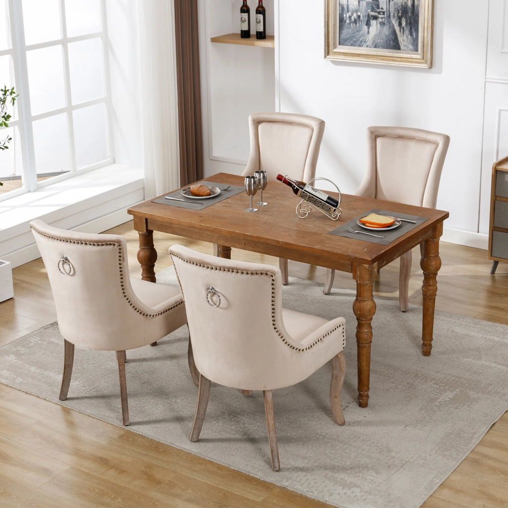 Sedia da Pranzo Imbottita in Velluto con Gambe in Legno Massello ¨C Xylo ¨C Beige, Set 4 Pezzi