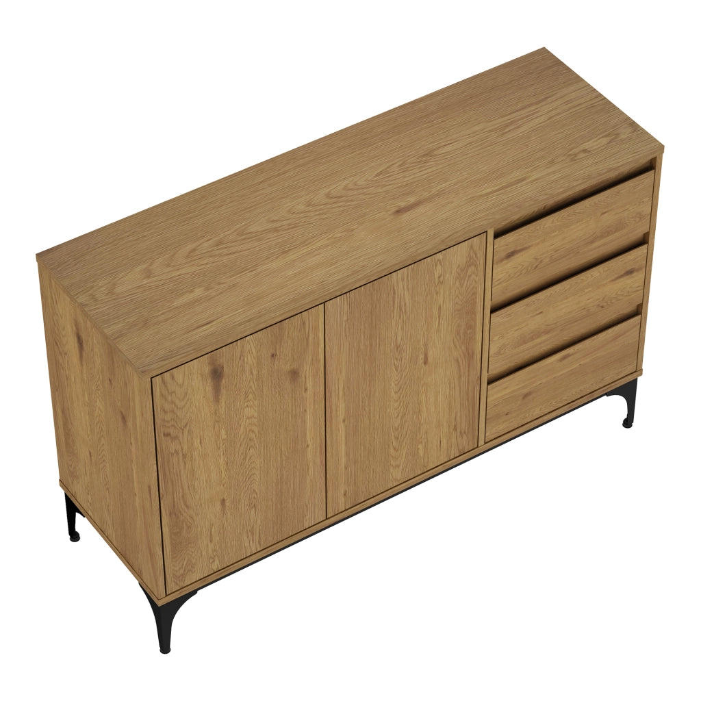 Credenza Bassa Kistiandi a 2 Ante e 3 Cassetti 77 x 120 x 40 cm - Effetto Rovere Scuro [en.casa]