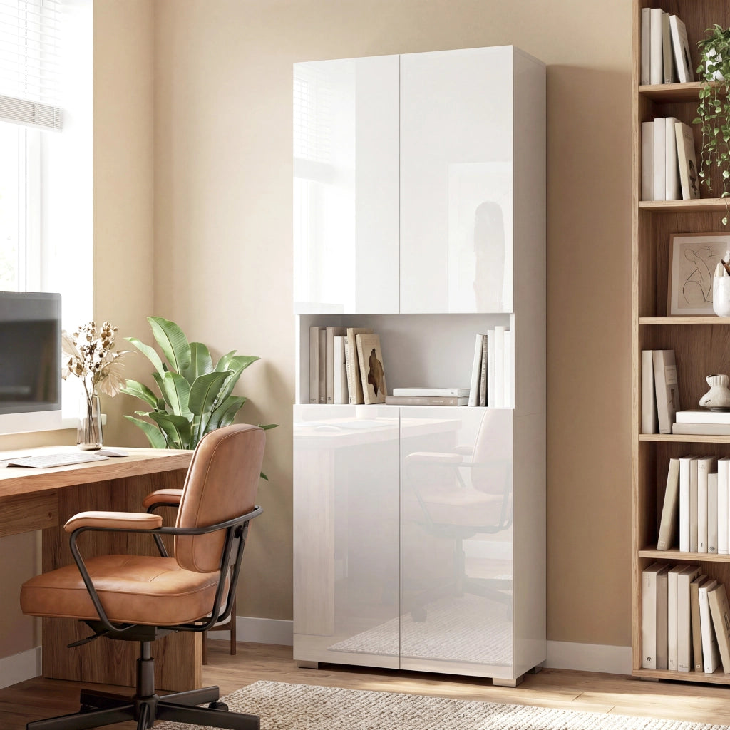 Credenza da Cucina Alta 68x34x180 cm Mobile Dispensa con Ante Soft-Close in MDF Bianco Lucido
