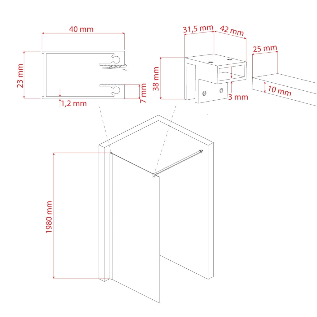 Parete doccia 70 CM 198 CM in vetro trasparente 8 MM mod. Walk in Black Lato