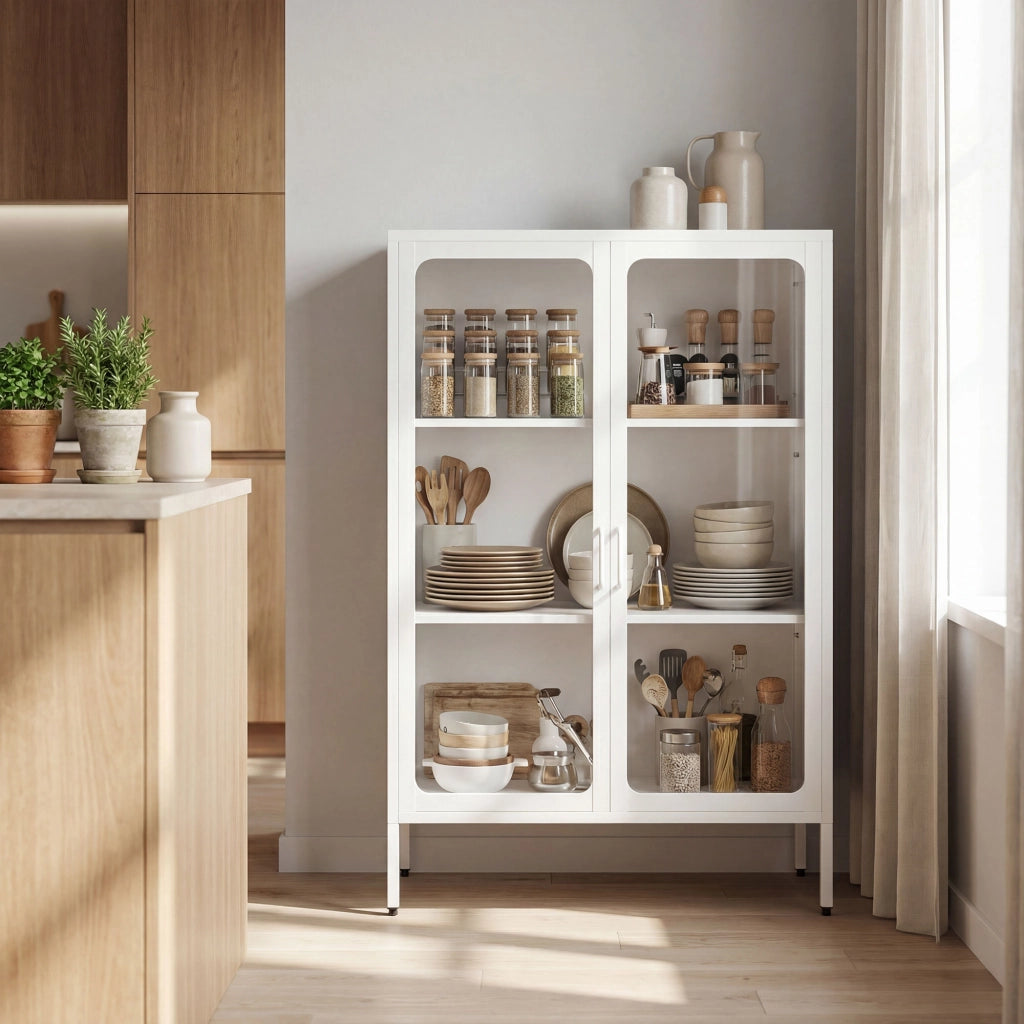 Armadio per ufficio con ante in vetro e ripiani regolabili ¨C zephmum ¨C bianco 80x40x110 cm